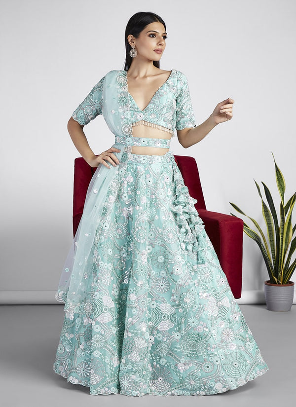 Lassya Fashion Sea Blue Luxurious Bridal Lehengas with Organza Flair and Silk Blouse