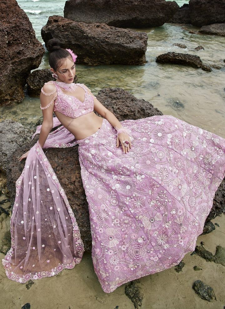 Lassya Fashion Lavender Luxurious Bridal Lehengas with Organza Flair and Silk Blouse