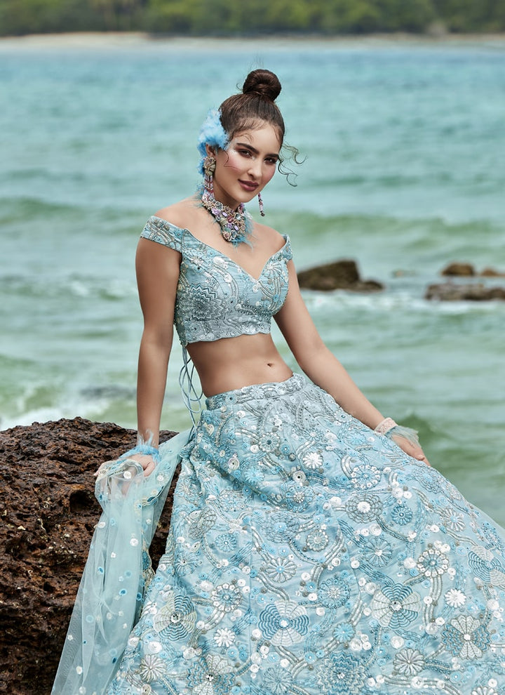 Lassya Fashion Sky Blue Luxurious Bridal Lehengas with Organza Flair and Silk Blouse