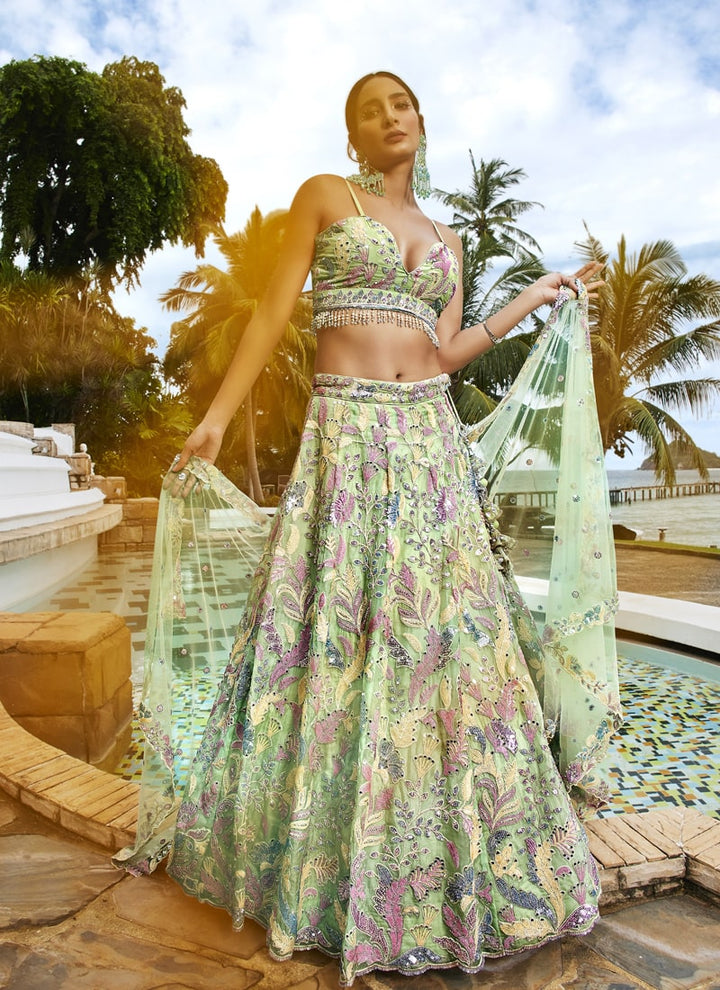Lassya Fashion Pista Green Exquisite Bridal Lehengas with Organza Flair and Silk Blouse