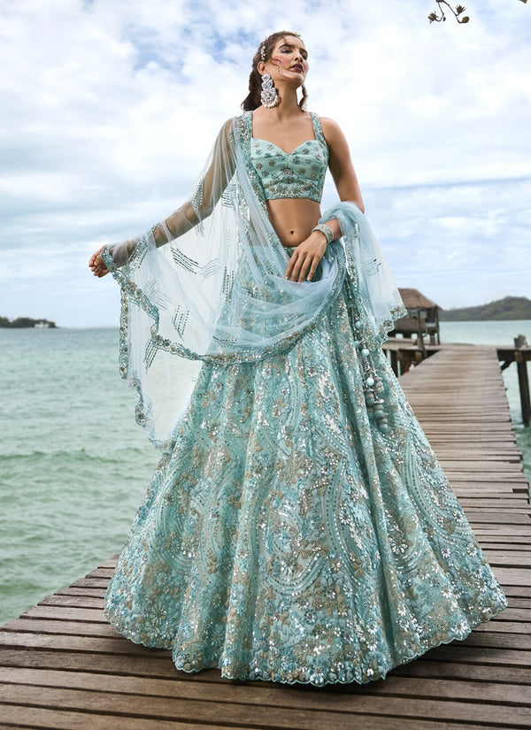 Lassya Fashion Ocean Blue Exquisite Bridal Lehengas with Organza Flair and Silk Blouse