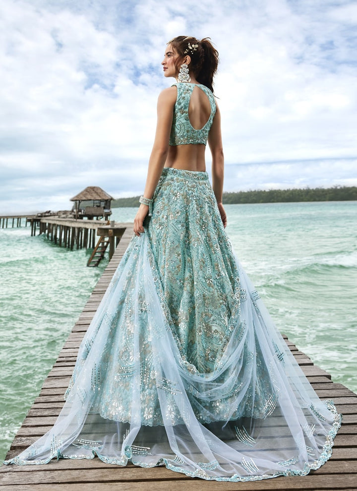 Lassya Fashion Ocean Blue Exquisite Bridal Lehengas with Organza Flair and Silk Blouse