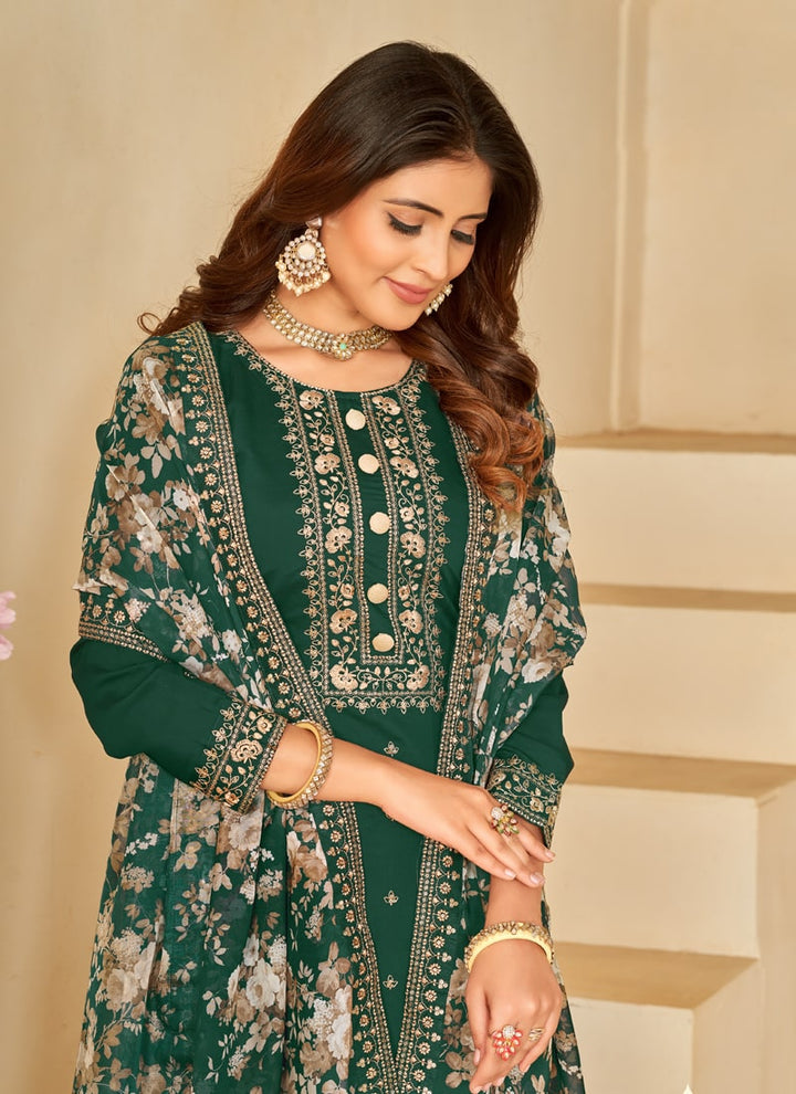 Lassya Fashion Bottle Green Roman Silk Salwar Suit with Organza Dupatta
