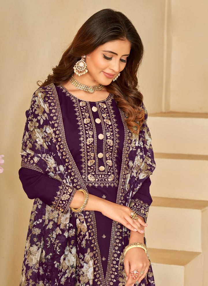 Lassya Fashion Dark Purple Roman Silk Salwar Suit with Organza Dupatta