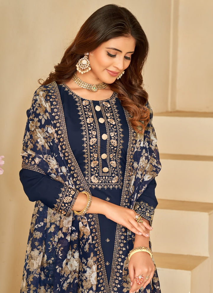 Lassya Fashion Midnight Blue Roman Silk Salwar Suit with Organza Dupatta