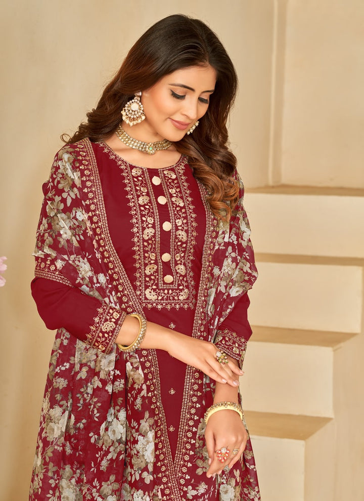 Lassya Fashion Ruby Red Roman Silk Salwar Suit with Organza Dupatta