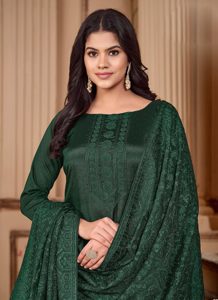 Lassya Fashion Dark Green Party Wear Salwar Suit Set with Diamond Embellishments