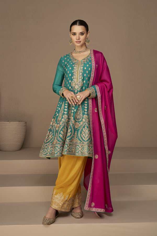 Turquoise Green Beautiful Heavy Embroidery Dhoti Pant Suit