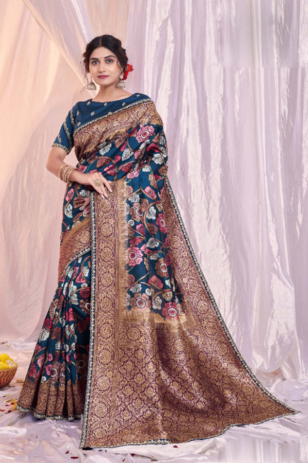 Teal Blue Floral Print and Embroidered Festive Wear Saree in Tusser Silk Jacquard