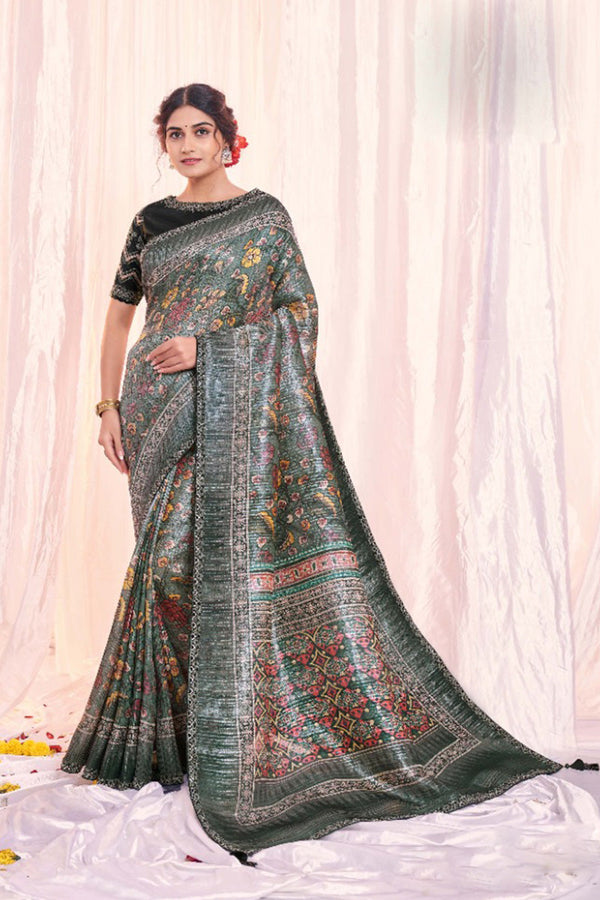 Dark Grey Woven Design and Embroidered Festive Wear Saree in Tissue Fabric