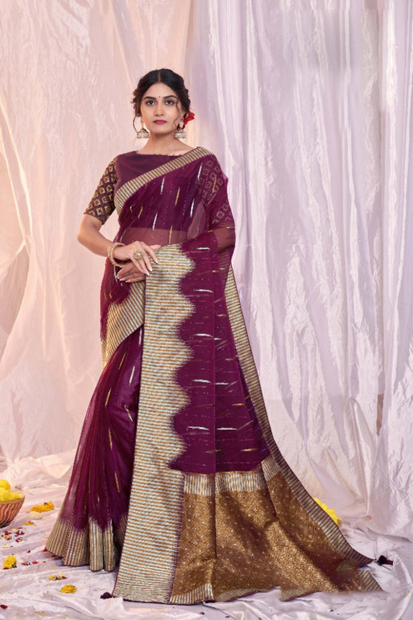 Wine Striped Festive Wear Saree with Printed and Embroidered Details