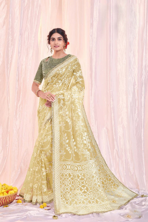 Pale Yellow Floral Festive Wear Saree with Printed and Embroidered Details