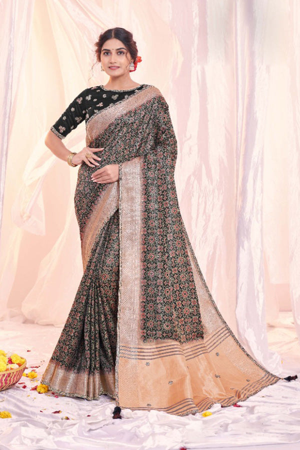 Black Woven Design Festive Wear Saree with Printed and Embroidered Details