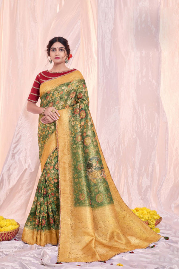 Green And Mustard Floral Printed and Embroidered Festive Wear Saree
