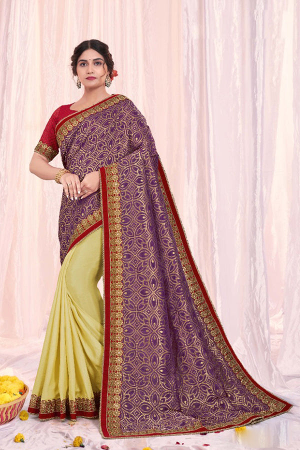 Purple And Mustard Yellow Foil Printed and Embroidered Festive Wear Saree