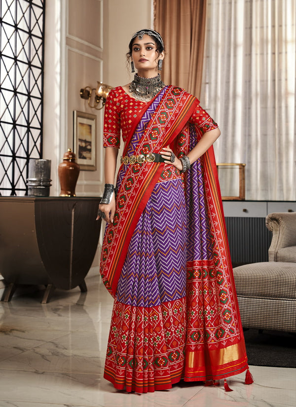 lassya Fashion Red and Purple Exquisite Pure Tusser Patola Saree with Patola Print