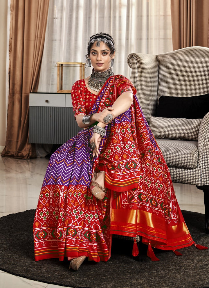 lassya Fashion Red and Purple Exquisite Pure Tusser Patola Saree with Patola Print