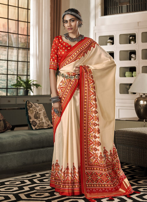 lassya Fashion Red and Cream Exquisite Pure Tusser Patola Saree with Patola Print