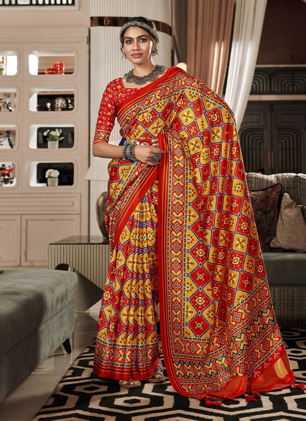 lassya Fashion Red and Mustard Exquisite Pure Tusser Patola Saree with Patola Print