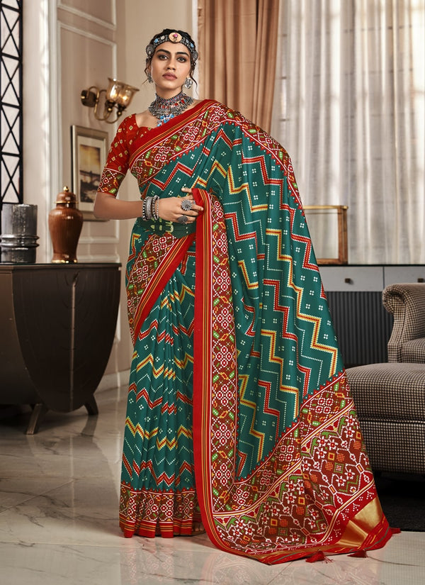 lassya Fashion Red and Green Exquisite Pure Tusser Patola Saree with Patola Print