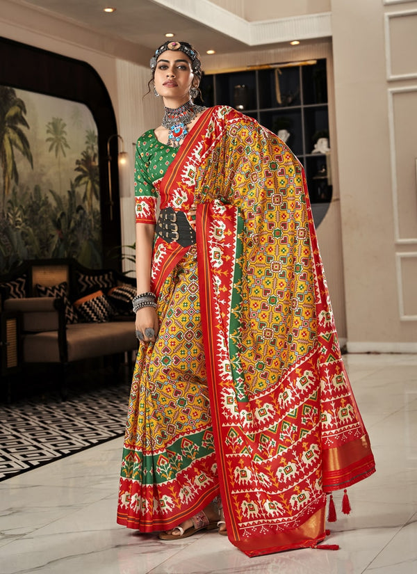 lassya Fashion Red and Yellow Exquisite Pure Tusser Patola Saree with Patola Print