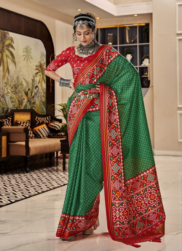 lassya Fashion Red and Dark Green Exquisite Pure Tusser Patola Saree with Patola Print