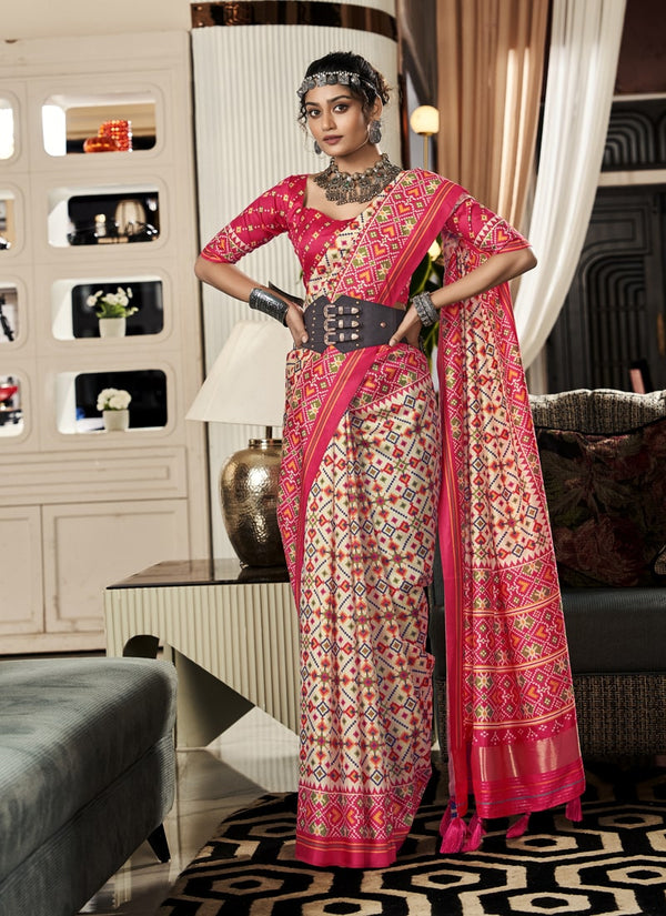 lassya Fashion Pink and Cream Exquisite Pure Tusser Patola Saree with Patola Print