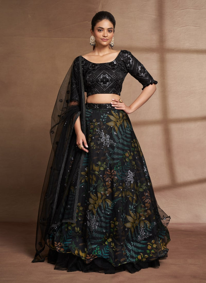lassya Fashion Dark Green Stunning Party Wear Lehenga Choli with Digital Print and Sequins Embroidery