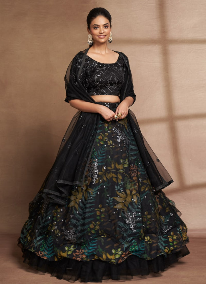 lassya Fashion Dark Green Stunning Party Wear Lehenga Choli with Digital Print and Sequins Embroidery