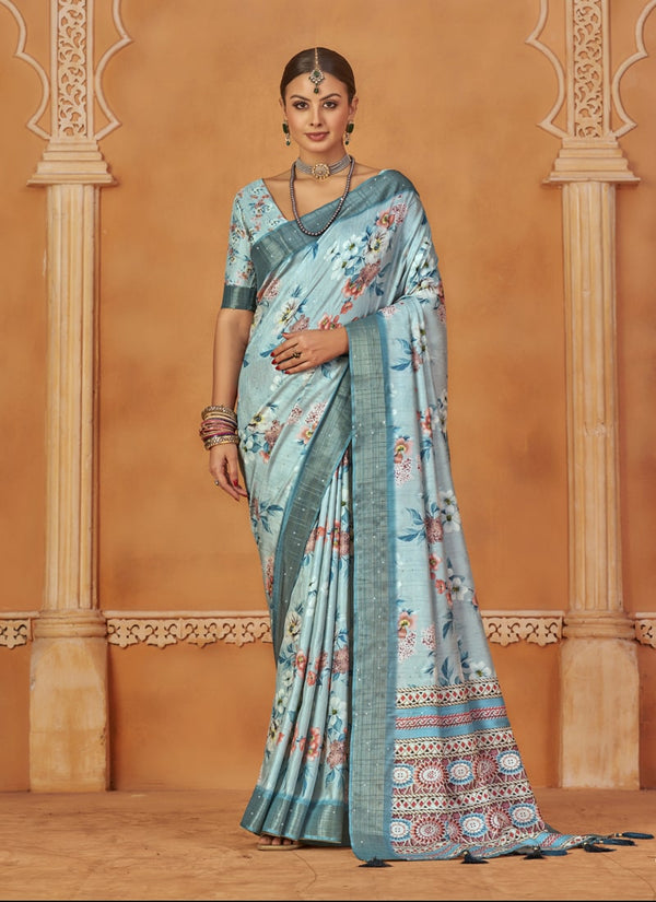 lassya Fashion Sky Blue Designer Gotha Silk Saree Set with Floral Digital Print