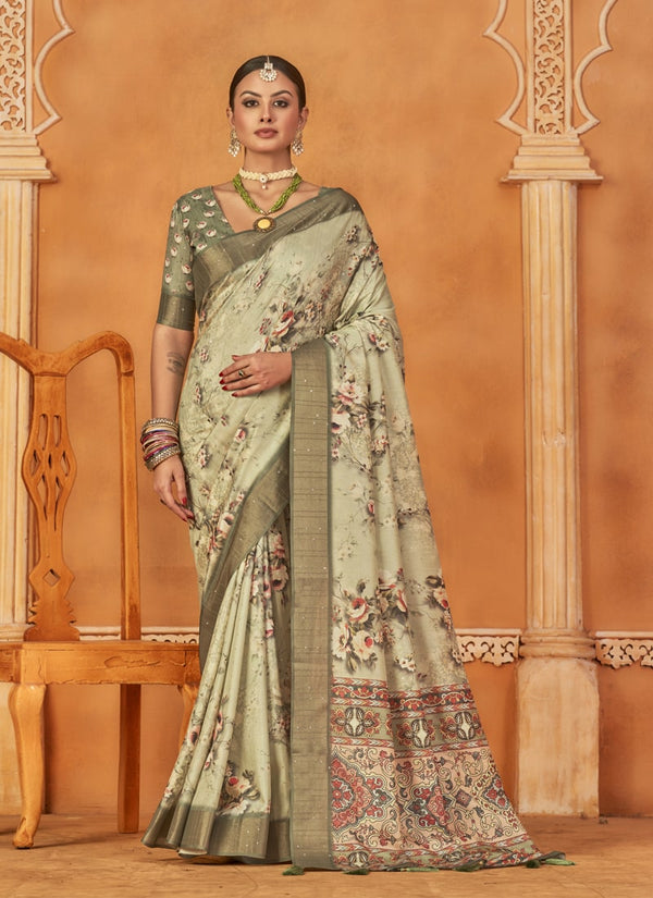 lassya Fashion Beige Designer Gotha Silk Saree Set with Floral Digital Print