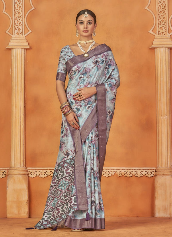 lassya Fashion Pale Blue Designer Gotha Silk Saree Set with Floral Digital Print