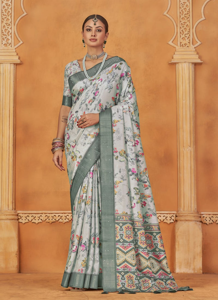 lassya Fashion Gray Designer Gotha Silk Saree Set with Floral Digital Print