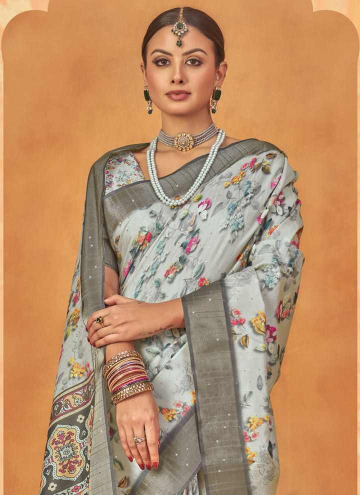 lassya Fashion Gray Designer Gotha Silk Saree Set with Floral Digital Print