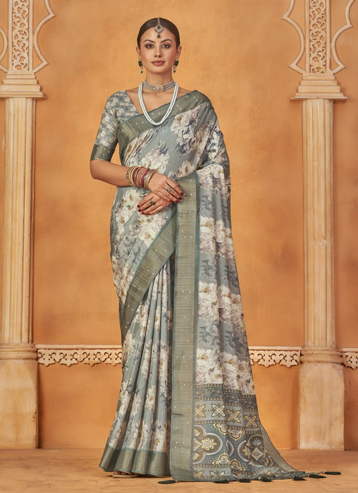 lassya Fashion Silvar Gray Designer Gotha Silk Saree Set with Floral Digital Print