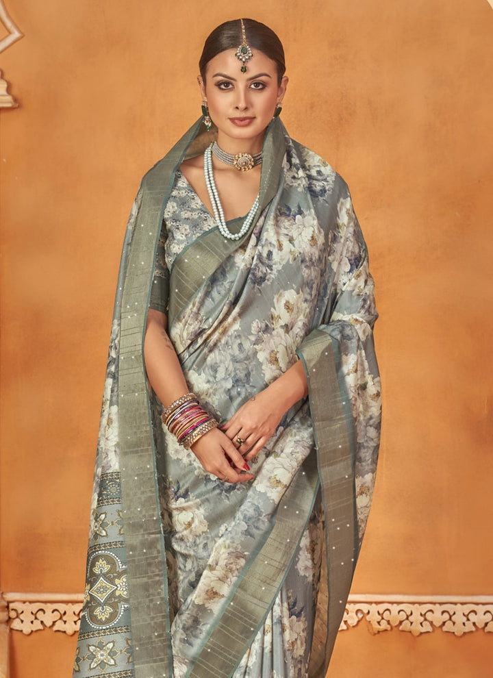 lassya Fashion Silvar Gray Designer Gotha Silk Saree Set with Floral Digital Print