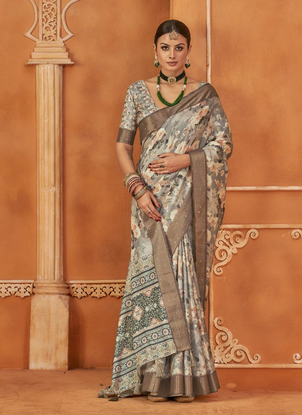 lassya Fashion Taupe Gray Designer Gotha Silk Saree Set with Floral Digital Print