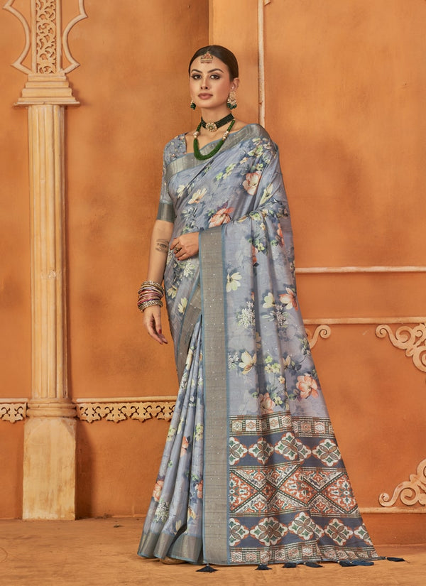 lassya Fashion Slate Gray Designer Gotha Silk Saree Set with Floral Digital Print