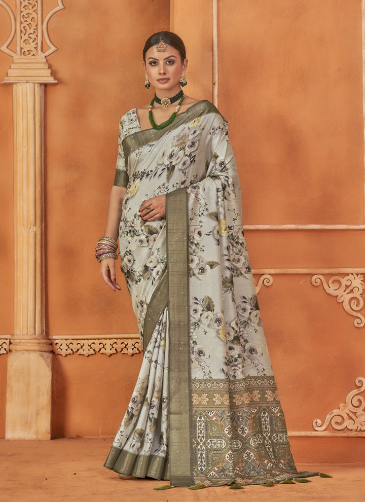lassya Fashion Ivory Cream Designer Gotha Silk Saree Set with Floral Digital Print