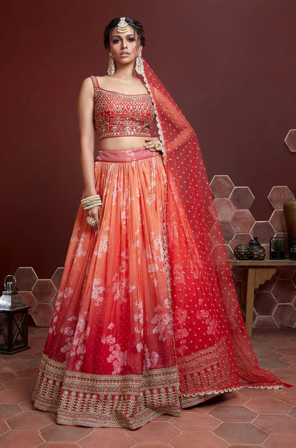 Women Heavy Emroidered Peach and Red Color in Shade Lehenga Set.