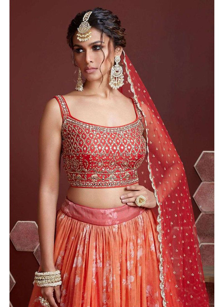 Women Heavy Emroidered Peach and Red Color in Shade Lehenga Set.