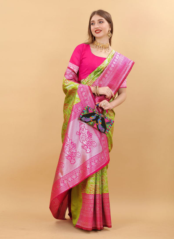 Beautiful Rich Pallu And Jacquard Banarasi Silk Saree Contrast Bluous