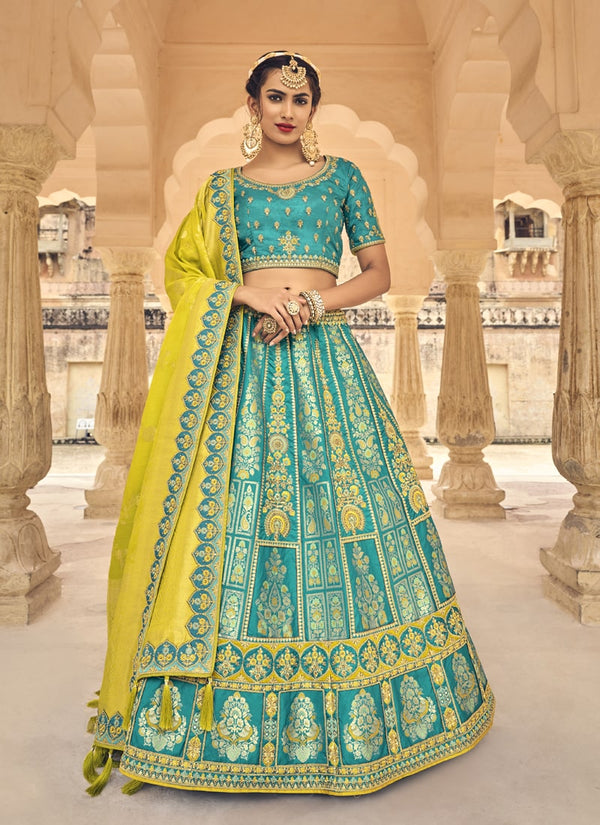 Turquoise Green Wedding Special Designer Banarasi Silk Lehenga Choli