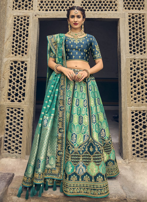 Rama Green And Navy Blue Wedding Special Designer Banarasi Silk Lehenga Choli