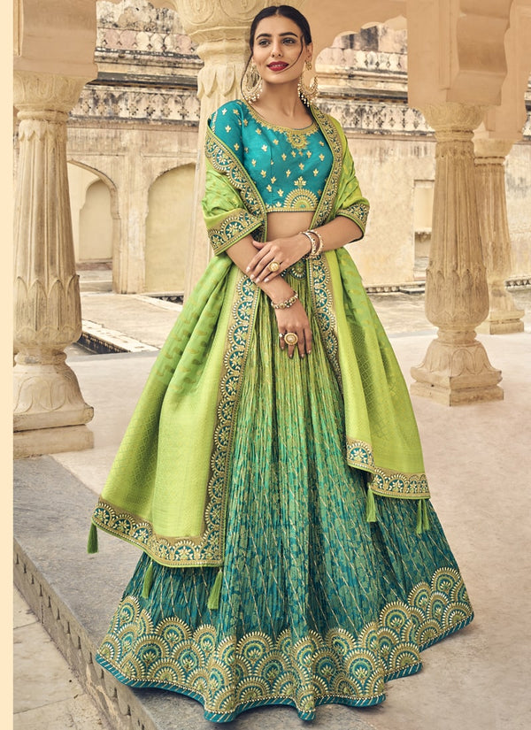 Light Green and Turquoise Blue Wedding Special Designer Banarasi Silk Lehenga Choli