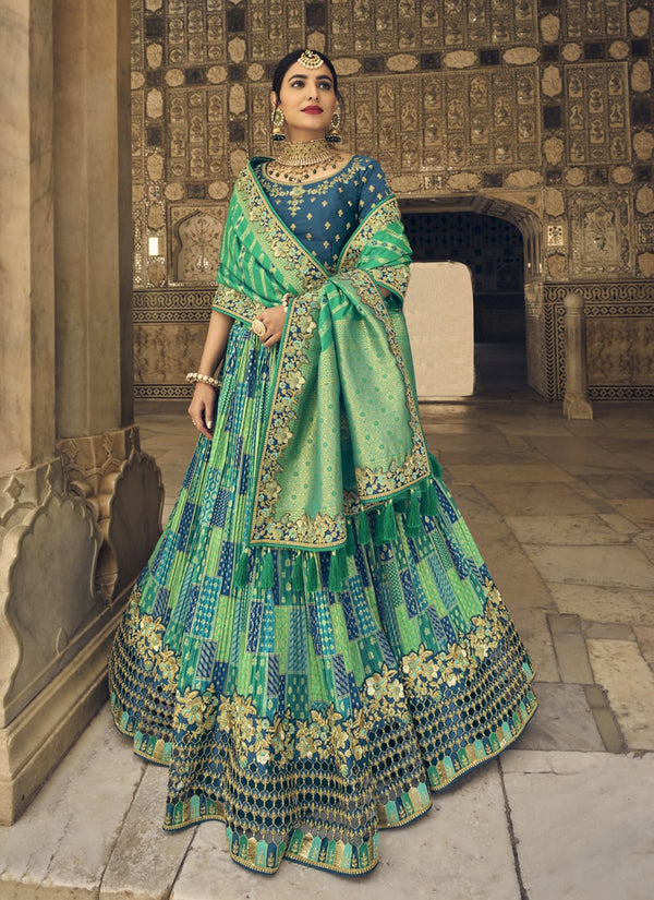 Light Green and Aegean Blue Wedding Special Designer Banarasi Silk Lehenga Choli
