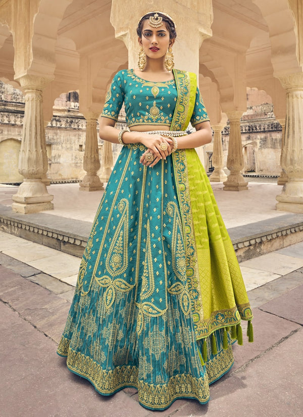 Turquoise Blue Wedding Special Designer Banarasi Silk Lehenga Choli