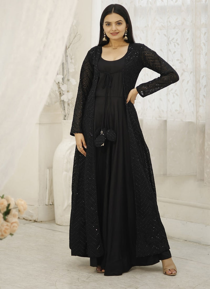 Lassya Fashion Midnight Black Rayon Gown with Georgette Crochet Shrug