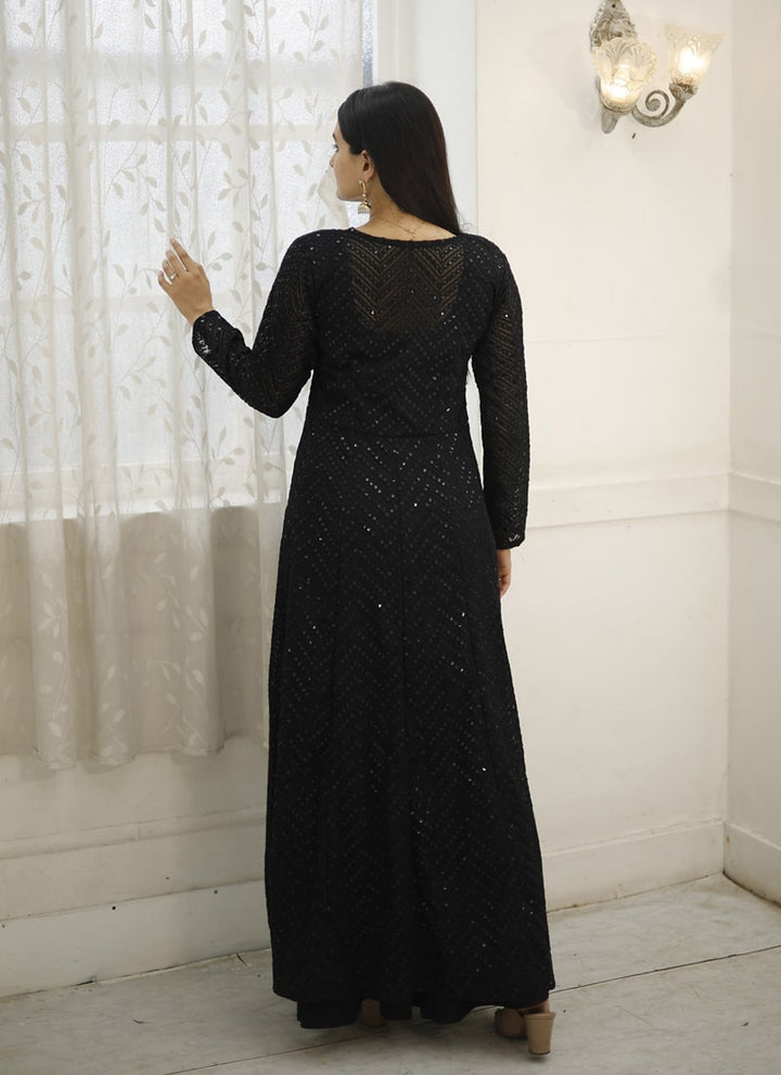 Lassya Fashion Midnight Black Rayon Gown with Georgette Crochet Shrug