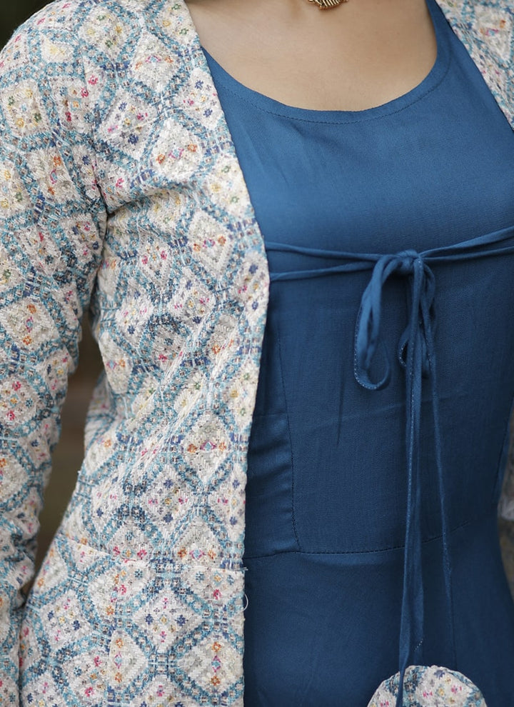 Lassya Fashion Navy Blue Rayon Gown with Georgette Crochet Shrug